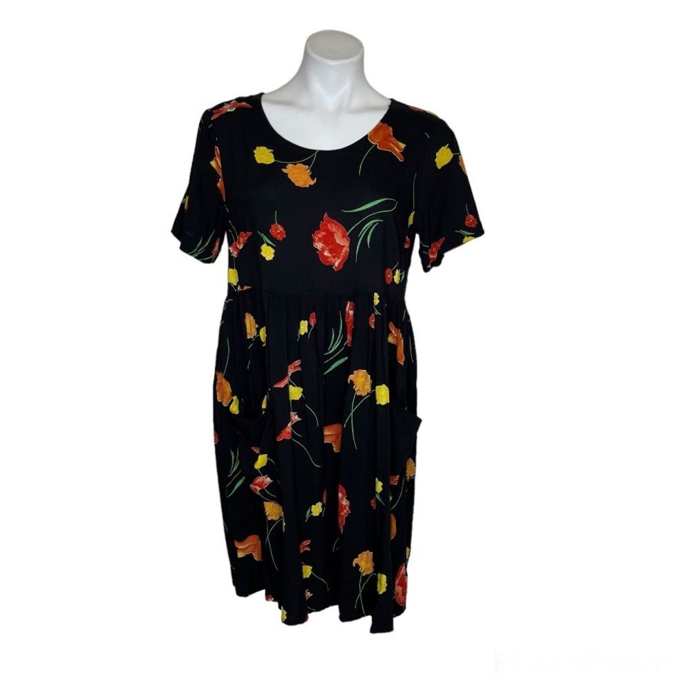 VINTAGE Dressing Clio Black Floral Dress Short Sleeve Pockets Size Medium USA